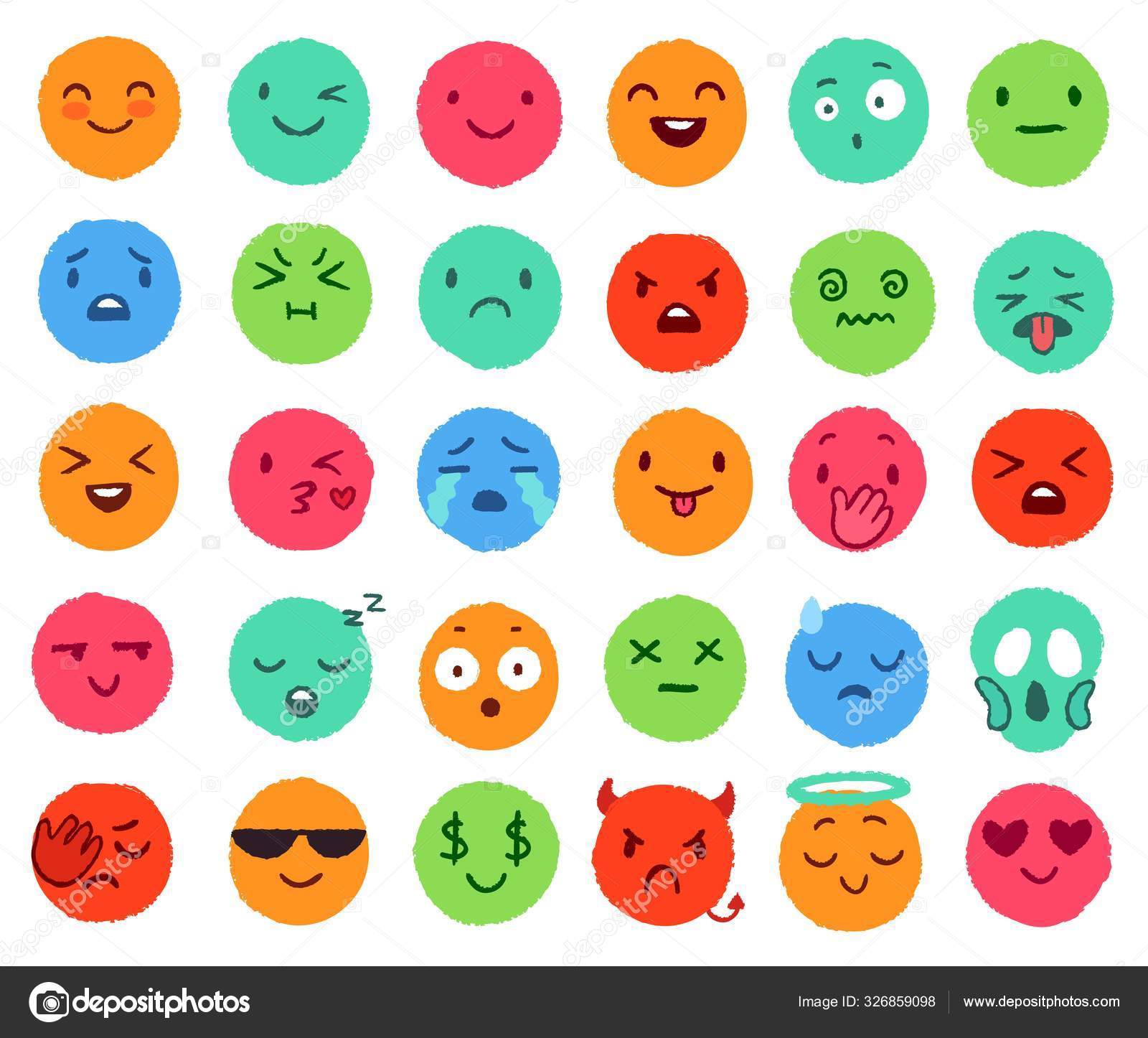 Hand drawn color emoji. Colorful doodle faces, happy emoticon and smiling  round face vector set. Cute social media stickers for different emotions  expression. Various funny badges collection Stock Vector by  ©tartila.stock.gmail.com 326859098