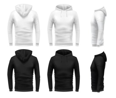 Gerçekçi kapüşonlu model. Siyah sweatshirt, kapüşonlu beyaz şehir kıyafeti ve gerçekçi kıyafetler. Kapüşonlu kapüşonlu tişörtler. Siyah ve beyaz kapüşonlu ön, arka ve yan görünüm