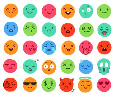 El çizimi renk emojisi. Renkli karalama yüzleri, mutlu ifadeler ve gülen yuvarlak yüz vektörü seti. Farklı duygu ifadeleri için şirin sosyal medya etiketleri. Çeşitli komik rozet koleksiyonu