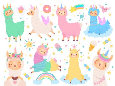 Lama unicorn çizgi filmi. Mutlu sihirli renkli tek boynuzlu atlar, tüylü pembe alpaka kürk illüstrasyon seti. Sevimli egzotik hayvan çıkartmaları koleksiyonu. Çizgi film sembollü sevimli Peru faunası
