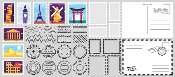 Postage stamps. Air mail envelope, post office stamp and postal stamps vector set. Cachets and postmarks with different landmarks illustrations. Blank postcard and letter templates with text space — Stock Vector