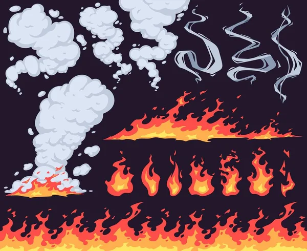 Мультфільм вогонь і дим. Яскраве вогняне полум'я, червоне вогняне полум'я і димові хмари впливають на векторний набір. Небезпечний вогонь, природне явище ізольоване на темному тлі. Світле полум'я з димчастими вогнями — стоковий вектор