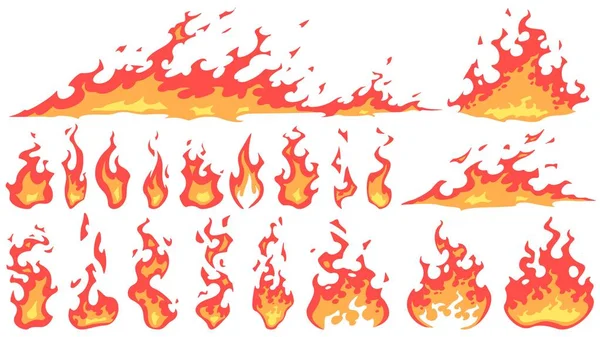 Llamas de fuego de dibujos animados. Llama de bola de fuego, fuego caliente rojo y fuego de fogata conjunto de vectores siluetas de fuego. Efecto ardiente, fenómeno natural peligroso. Incendio ardiente aislado sobre fondo blanco — Archivo Imágenes Vectoriales