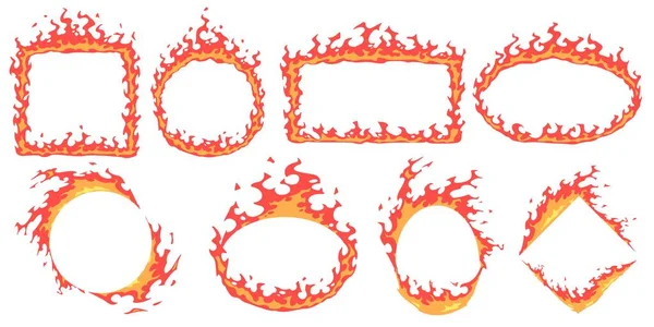 Cartoon-Feuerrahmen. Heißes Banner, roter Flammenrahmen und Brandflammen-Abzeichen-Vorlagenset. leere feurige Grenzen mit Kopierraum. verschiedene geometrische Formen auf weißem Hintergrund — Stockvektor