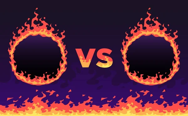 Fuego contra cuadro. El deporte desafía la batalla, la bandera VS en llamas y la ilustración vectorial de marcos de llama de fuego. Confrontación competitiva, diseño de pantalla de título de partido de campeonato con copyspace — Vector de stock