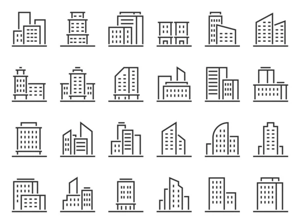 Εικονίδια κτιρίου. Ξενοδοχείο επιχειρήσεων εικονίδιο των επιχειρήσεων, τα κτίρια της πόλης και την πόλη σύμβολο διάνυσμα που. Αστική αρχιτεκτονική, οικιστικά κτίρια και ουρανοξύστες γραμμικά εικονογράμματα. Στοιχείο σχεδιασμού λογότυπου — Διανυσματικό Αρχείο