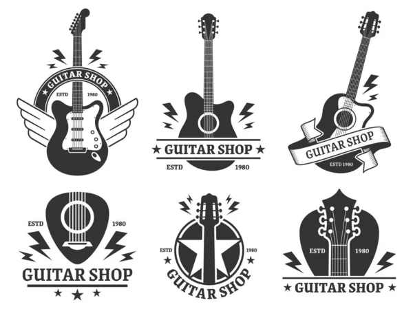 Distintivos da loja de guitarras. Custom guitars shop emblema, headstock de guitarra e instrumentos de música loja insígnia vetor ilustração set. Empresa musical monocromático design de etiquetas pack. Músicos venda de equipamentos —  Vetores de Stock