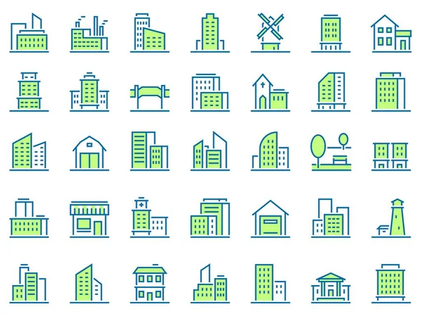 Kleurlijn gebouw pictogrammen. Groene stad pictogram, stadsgebouwen en onroerend goed symbolen vector set. Stedelijke architectuur. Residentiële en gemeentelijke gebouwen lineaire pictogrammen pack. Logo ontwerpelementen — Stockvector