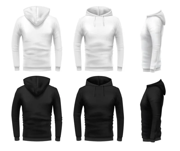 Realistisk luvtröja. Svart tröja, vit urban hoodie och realistisk klädmall 3d sweatshirts med hoodie vektor set. Svart och vit hoody framsida, baksida och sida vy — Stock vektor