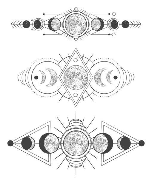 Фазы лун в мистическом небе. Матушка луна, нарисованная вручную языческая татуировка или набор векторных иллюстраций богини луны викки. Пакет монохромных чертежей лунных фаз. Древняя астрономия, оккультные символы

