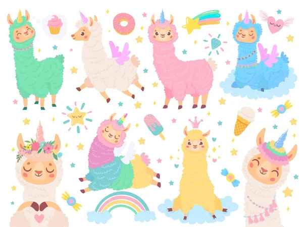 Kartun llama unicorn. Happy magic color llamas unicorn, fluffy pink alpaca fur vector set illustration. Koleksi stiker hewan eksotis yang lucu. Fauna Peru yang manis dengan simbol kartun - Stok Vektor