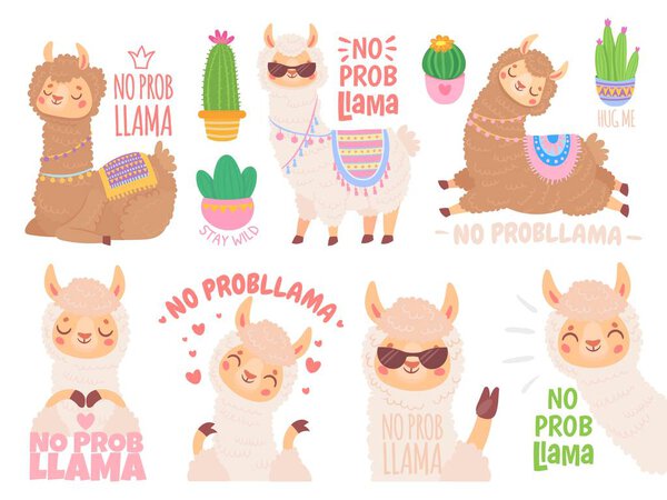 No prob llama. Cool llamas have no problems, wildlife animals no problem quote illustration vector set. Funny lama stickers with positive quotes. Adorable mammals carefree lifestyle sayings pack