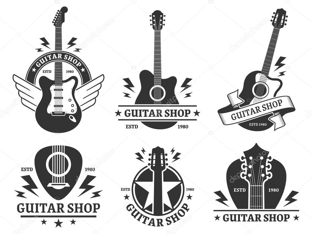 Guitar shop badges. Custom guitars shop emblem, guitar headstock and music instruments store badge vector illustration set. Musical company monochrome label designs pack. Musicians equipment sale