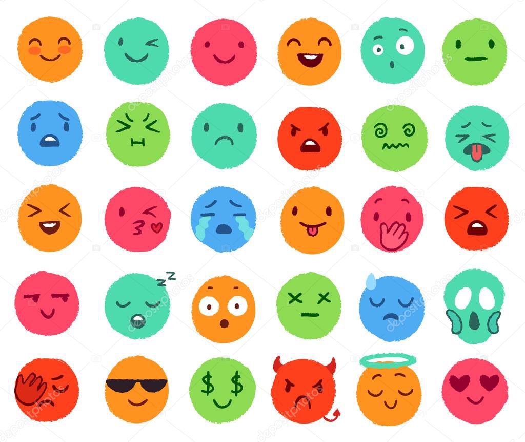 Hand drawn color emoji. Colorful doodle faces, happy emoticon and smiling round face vector set. Cute social media stickers for different emotions expression. Various funny badges collection