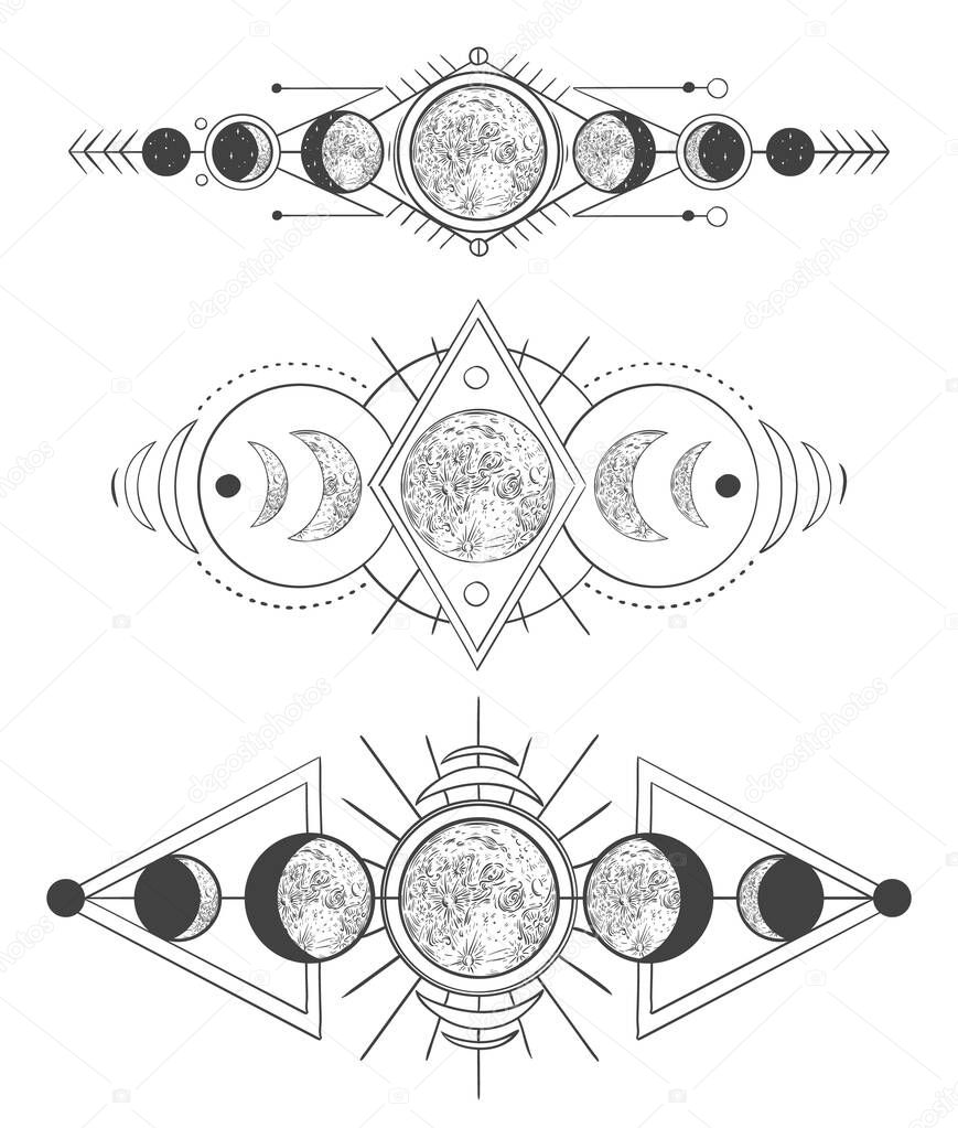 Moons phases in mystic sky. Mother moon, hand drawn pagan tattoo or sketch wicca moon goddess vector illustration set. Lunar phases monochrome drawings pack. Ancient astronomy, occult symbols
