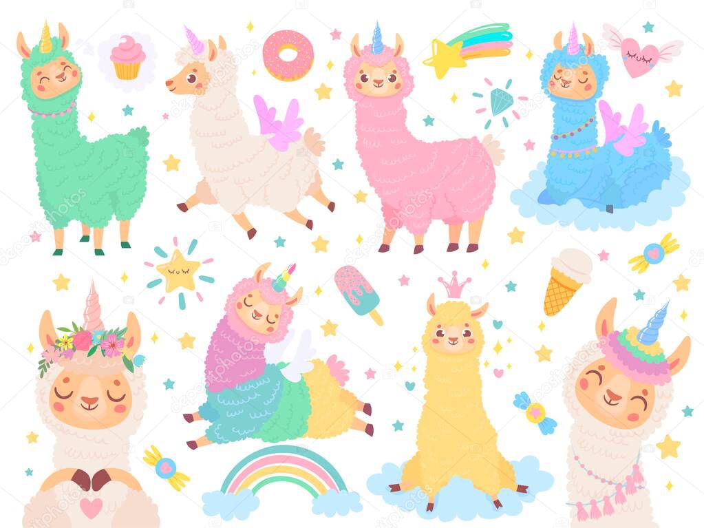 Cartoon llama unicorn. Happy magic color llamas unicorns, fluffy pink alpaca fur vector illustration set. Cute exotic animal stickers collection. Adorable peruvian fauna with cartoon symbols