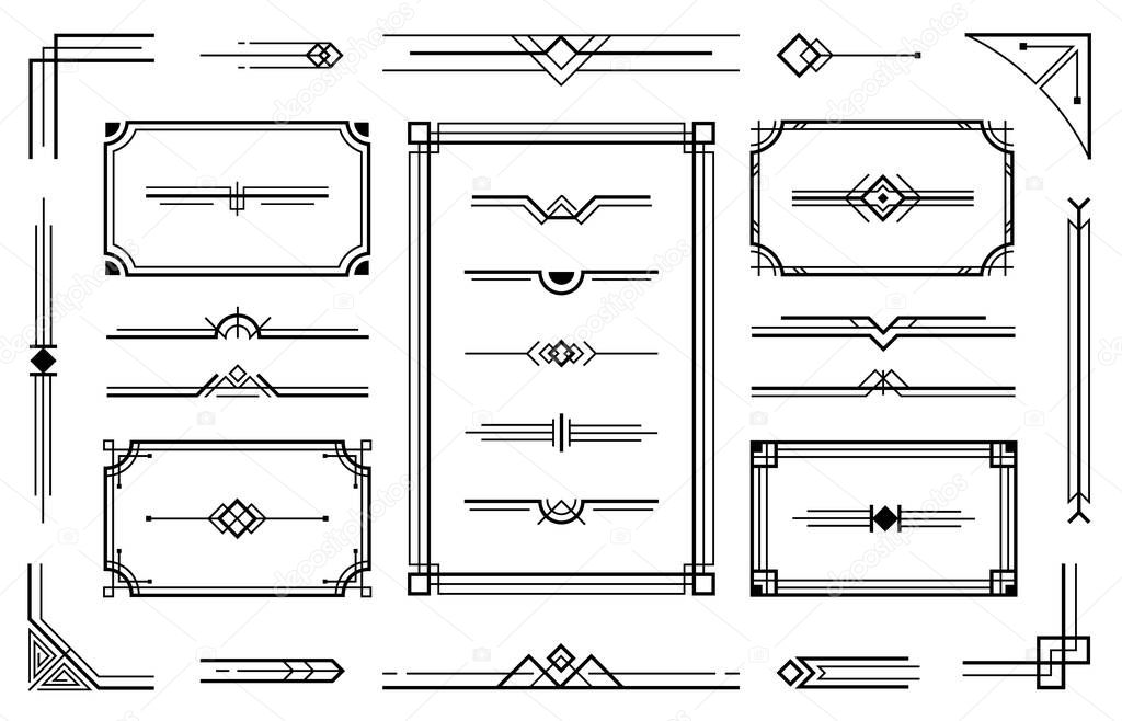 Linear geometric Art Deco ornaments. Retro label frame, minimal decorative ornament dividers and ornamental borders vector set. Minimalistic geometric decorative design elements collection