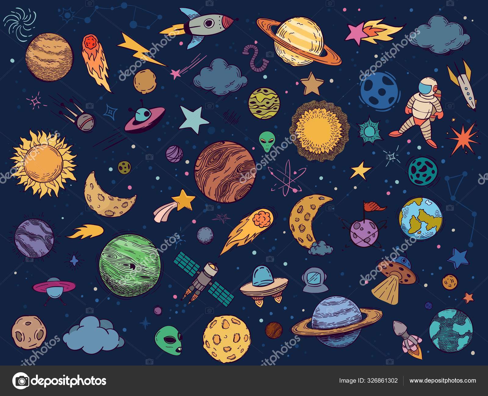 Farge rom-kruseduller. Astrologiplaneter, fargerike rom og håndtegnede  rakettvektorillustrasjonssett. Tegnestil, kosmiske klistremerker. Himmelske  kropper, astronauter, romskip og romvesener stockvektor ©  tartila.stock.gmail.com #326861302, image size:1600x1300