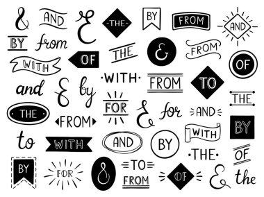 Klasik harfler, afişler ve sloganlar. Doodle sloganı, el çizimi çerçeveler ve işaret vektörü seti. El yazısıyla yazılmış sözler paketlenir. Zarif kartpostal, davet tasarım ögeleri