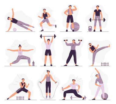 Erkek spor aktiviteleri. Spor kıyafetli güçlü bir adam, atletik erkek eğitimleri ve sağlıklı erkek idman vektör çizimi seti. Farklı fiziksel eğitim tatbikatları. Esneme, koşma ve ağırlık kaldırma