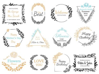 Çiçek süsleme etiketleri. El yapımı davetiye etiketi, dekoratif çiçek süslemeleri çerçeveler ve klasik kaligrafik pankart seti. Zarif düğün davetiyeleri ve tatil kartpostalları tasarım elementleri
