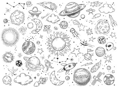 Uzay karalaması. Astroloji karalamaları, uzay evreni gezegenleri ve el çizimi kozmik roket çizimi çizimleri. Siyah ve beyaz gök cisimleri, uzay araçları ve astronomi sembolleri
