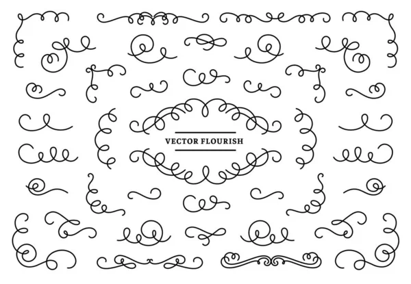 Linea fioriscono vortici ornamento. Vintage linee vortice, ornamentale fiorisce devider e retrò telaio angolo vettore impostato. Collezione di elementi di design lineare Filigrana. Curve ornate isolate su bianco — Vettoriale Stock