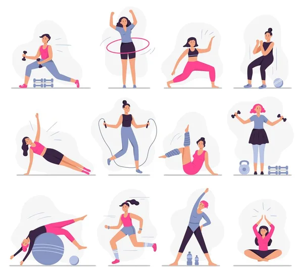 Vrouwelijke sport. Mooie jonge vrouw doen fitness activiteiten, vrouwelijke karakter run en yoga oefeningen vector illustratie set. Sportvrouwen trainen. Gezonde levensstijl, actieve training — Stockvector