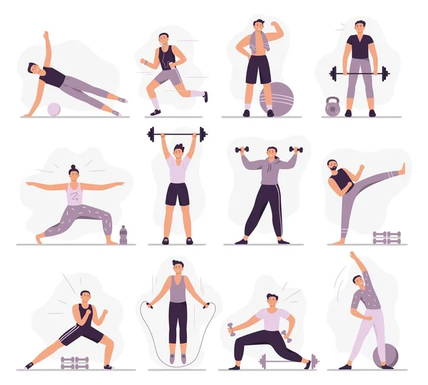 Sportactiviteiten voor mannen. Sterke man in sport outfit, atletische mannen trainingen en gezonde mannelijke workout vector illustratie set. Verschillende oefeningen voor lichamelijke training. Stretching, hardlopen en gewichtheffen — Stockvector