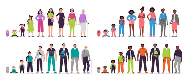 Diferentes edades personajes de personas. Bebé, niños y niñas, adolescentes africanos, hombres y mujeres adultos, ancianos. Gente generaciones vector ilustración conjunto. Etapas del ciclo de vida masculino y femenino — Vector de stock