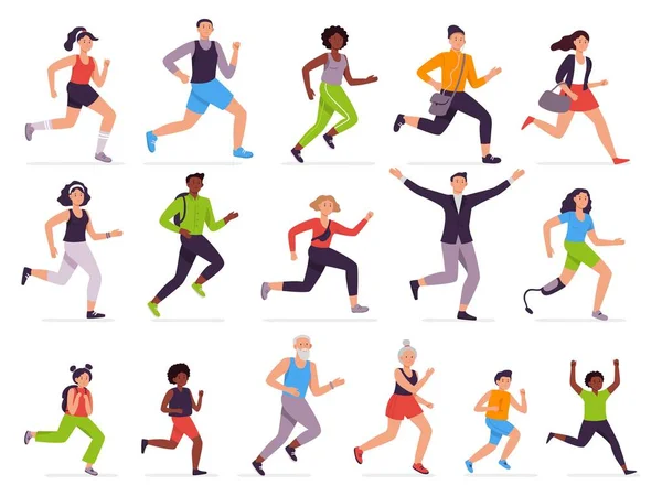 La gente corre. Persona corriendo, chica rápida y chico corriendo. Correr niños, hombre y mujer. Corredores caracteres vector conjunto de ilustración. Entrenamiento de atletas, estudiantes tarde a la escuela. Estilo de vida saludable, prisa — Archivo Imágenes Vectoriales