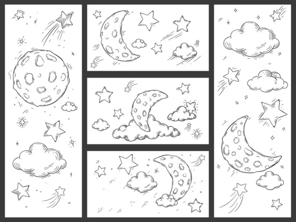 Ескіз нічного неба з Місяцем. Рука намальована Місяць, нічні зірки та каракулі мріяють про сон хмари Векторний набір ілюстрацій. Півмісяць у зоряному небі та зірки стрілянини розмальовки книжкових малюнків — стоковий вектор