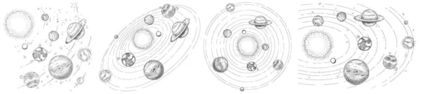 Desenho do sistema solar. Planetas desenhados à mão órbitas, planetário e Terra conjunto ilustração vetorial órbita. Astronomia temático colorir livro desenhos pacote. Corpos celestes girando em torno do sol no centro — Vetor de Stock