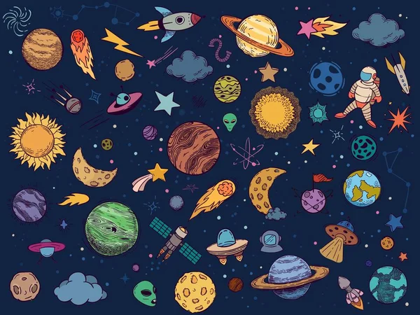 Kleurruimte doodle. Astrologie planeten, kleurrijke ruimte en met de hand getekend raket vector illustratie set. Cartoon stijl kosmische stickers pack. Hemelse lichamen, astronaut, ruimtevaartuigen en buitenaardse wezens — Stockvector