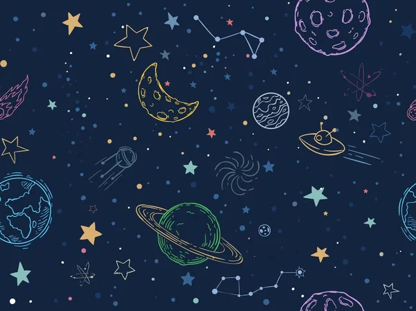 Kleur naadloos ruimte patroon. Handgetekende planeten, kosmische sterrenstelsel textuur en doodle maan vector illustratie. Universe exploratie, kosmos symbolen decoratieve textuur. Kleurrijk behang, textiel design — Stockvector