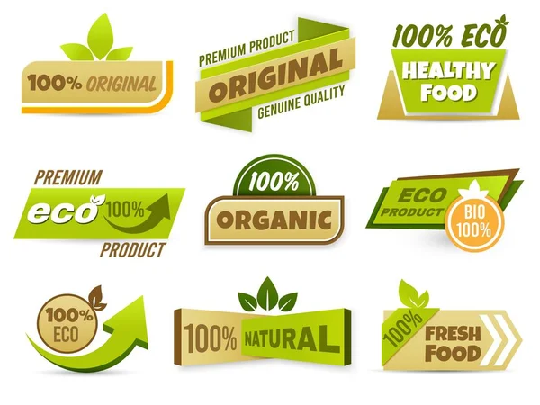 Eco label banner. Healthy food labels, eco bio product and natural organic emblem badges vector set. 100 percent original production tags collection. Freshness and quality assurance stickers pack — Stock Vector