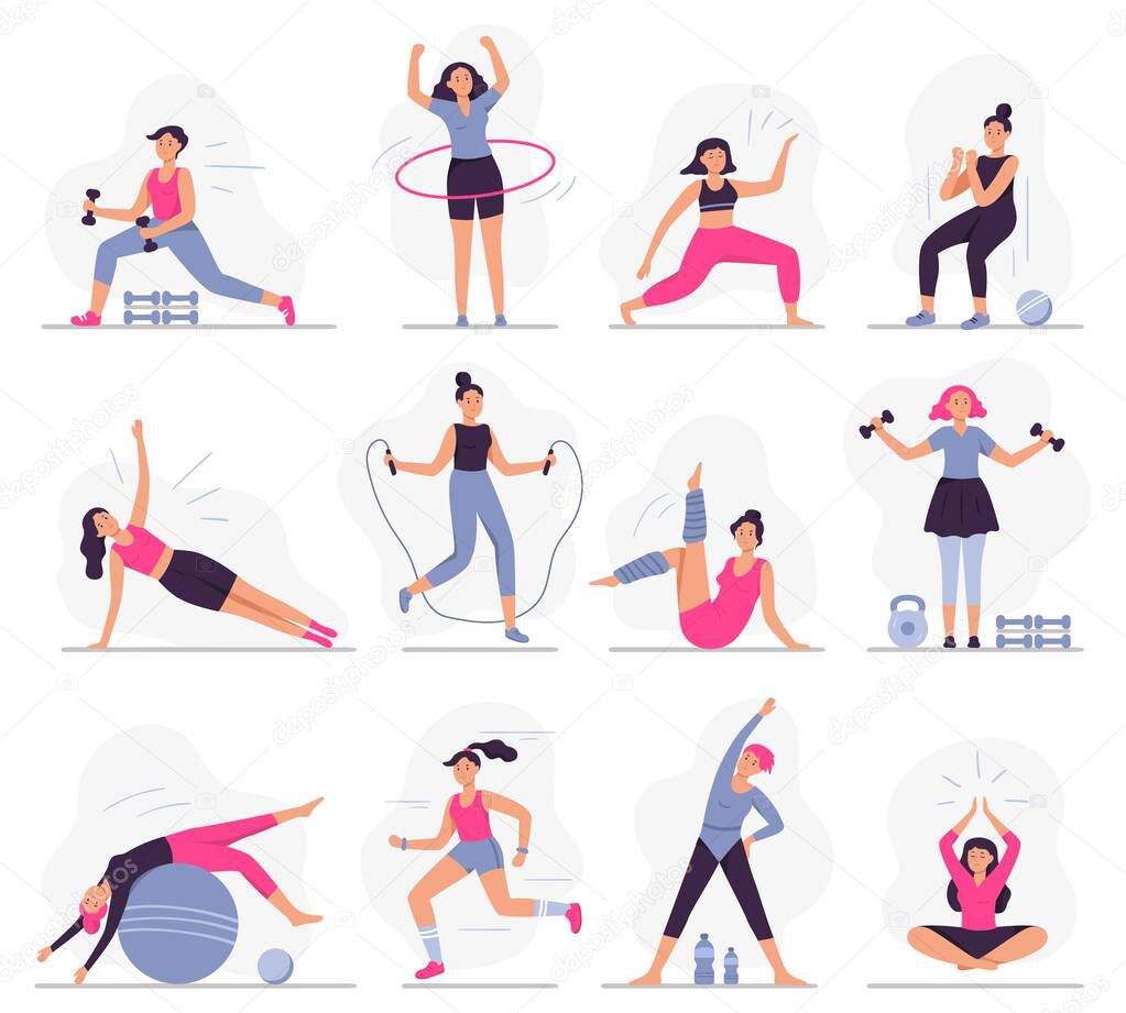 Woman sport activities. Beautiful young woman do fitness activities, female character run and yoga exercises vector illustration set. Sportswomen working out. Healthy lifestyle, active workout