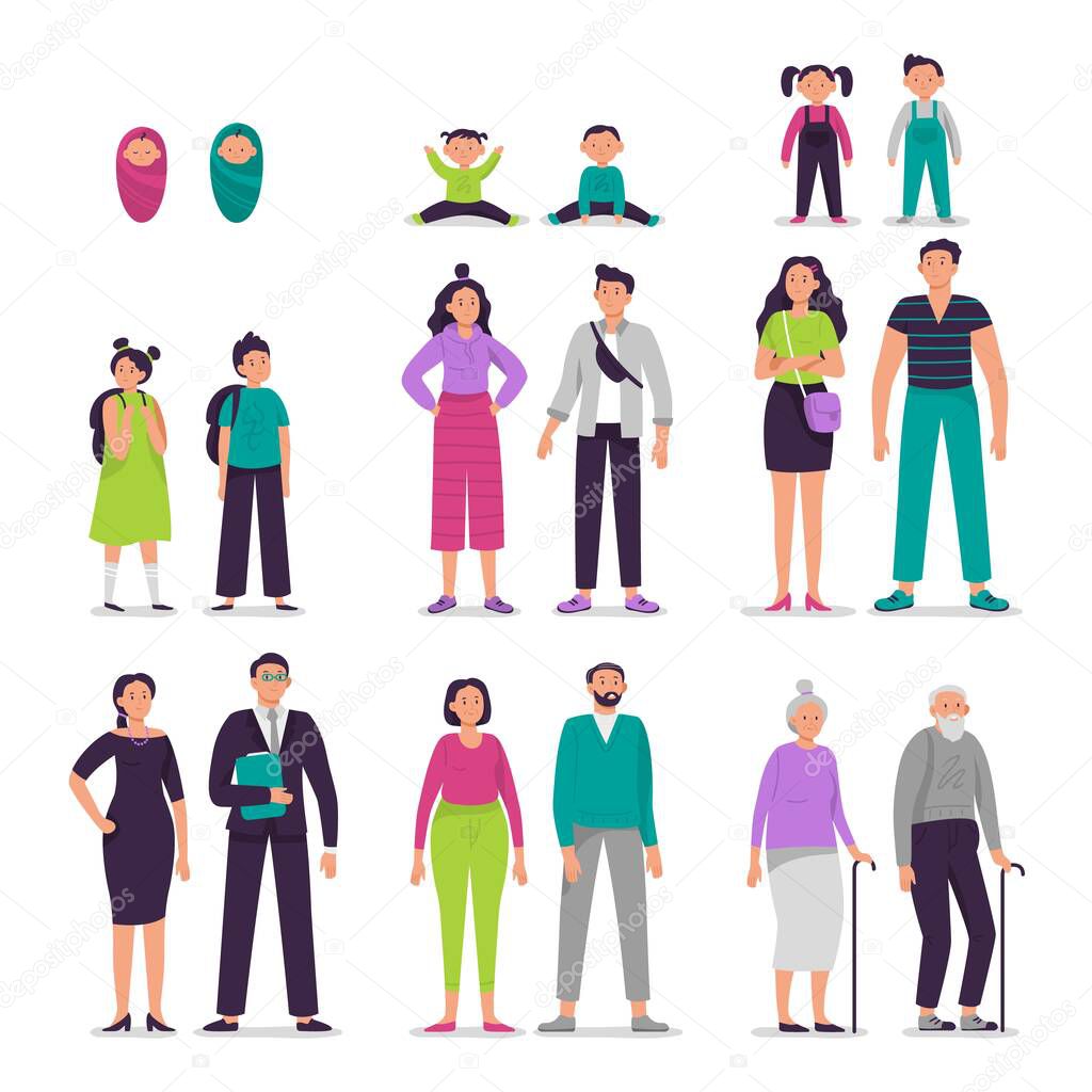 Different ages people couples. Man and woman characters couple, seniors persons, boy and girl kids vector illustration set. Sister and brother growing up together. Siblings aging process concept