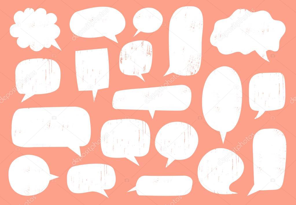 Textured speech bubble. Comic communication frame with stamp texture, hipster discussion balloon and hand drawn doodle chat bubble frames vector set. Empty text clouds isolated on pink background