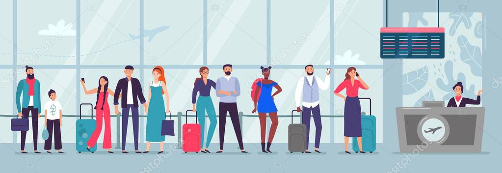 Queue to airport check-in. Travelers waiting in line, people wait for plane and person checking in airline departure area vector illustration. Commercial airlines service. Tourists going on vacation