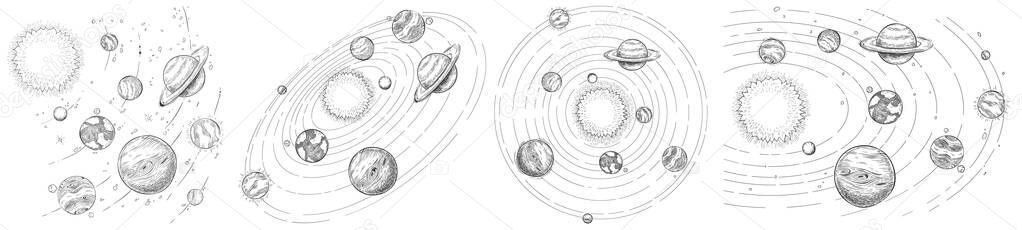 Sketch solar system. Hand drawn planets orbits, planetary and earth orbit vector illustration set. Astronomy themed coloring book drawings pack. Celestial bodies spinning around sun in center