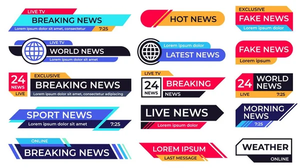 Breaking news banner. Broadcasting screen bars, television banners and live TV sport news frame vector set — Stock Vector