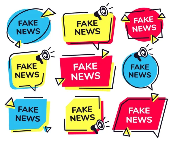 Etiqueta de notícias falsas. Emblema de notícias com ícone de alto-falante, etiquetas de megafone de mídia falsas conjunto de vetores — Vetor de Stock
