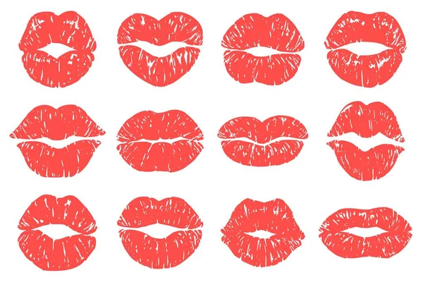 Kyss avtryck. Kvinnliga läppar, mode läppstift tryck och kärlek läppar kysser vektor illustration set — Stock vektor