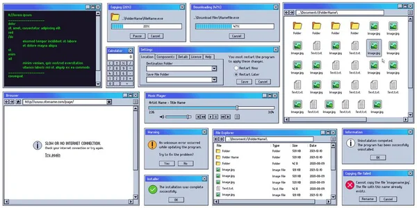 Retroanvändargränssnitt. Retro Ui kopiering, nedladdning box och varning fönster. Gamla webbläsare, terminal och musikspelare vektor set — Stock vektor