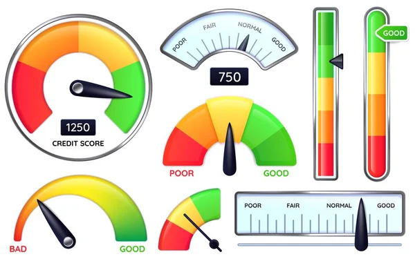 Kredietscore meter. Kredieten rating maatregel, slechte of goede scores vector illustratie set — Stockvector