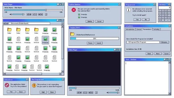 Old user interface. Old computer music and video player UI, text editor and critical system error alert notification window vector illustration set — Stock Vector