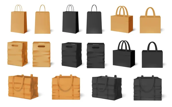 Una maqueta de bolsa de compras. Bolsas de papel artesanales, empaquetado vacío negro y conjunto de vectores de plantilla de bolso de tienda — Vector de stock