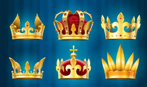 Реалистичная королевская корона. Драгоценности короля, короны монархов с драгоценными камнями векторный набор — стоковый вектор