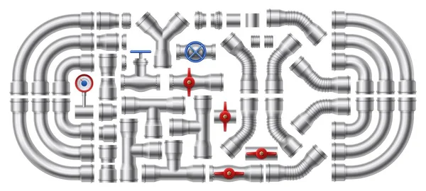 Pipeline métallique. Tuyaux en acier, connecteurs de tuyaux et vannes industrielles ensemble vectoriel illustration — Image vectorielle